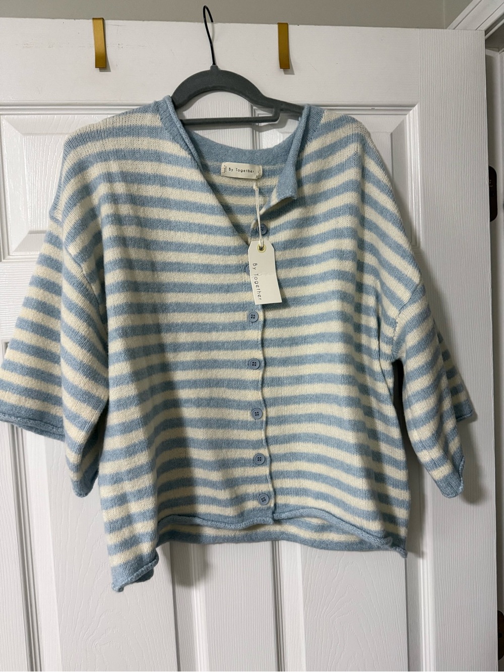 By Together Blue & off white Striped Button-Front Sweater